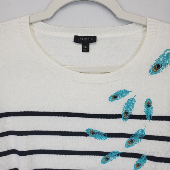 Talbots Knit Sweater Embroidered Peacock Feathers Women XLP Cream Black Stripe - Picture 6 of 9